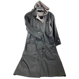 British Mist Trench Over Coat Rain Hood Rubber Lined 12 P Womens Gray Career